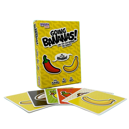 The game box and cards for 'Going Bananas!' by Smitten Games, displayed on a clean white background.